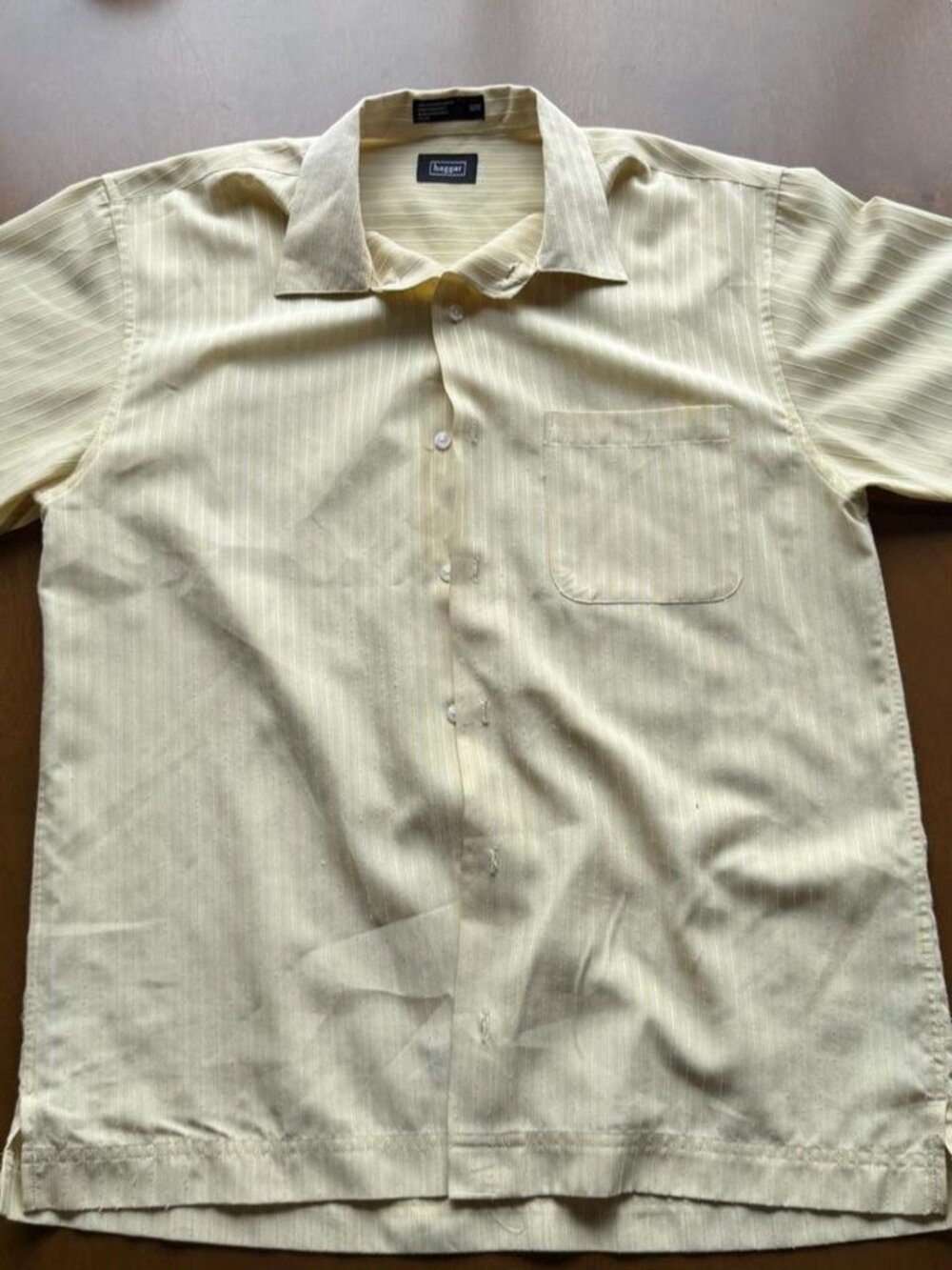 Haggar yellow & cream striped button-up shirt in size M